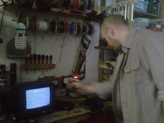 Matt testing the hand crank to power the telly