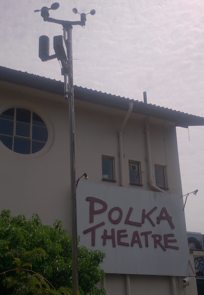 weather sensors (temperature, wind, rain) on a pole outside the Polka Theatre